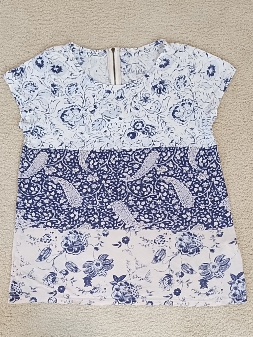 Lucky Brand Blue & White Floral Paisley Print Top Zipper Back Women's Medium